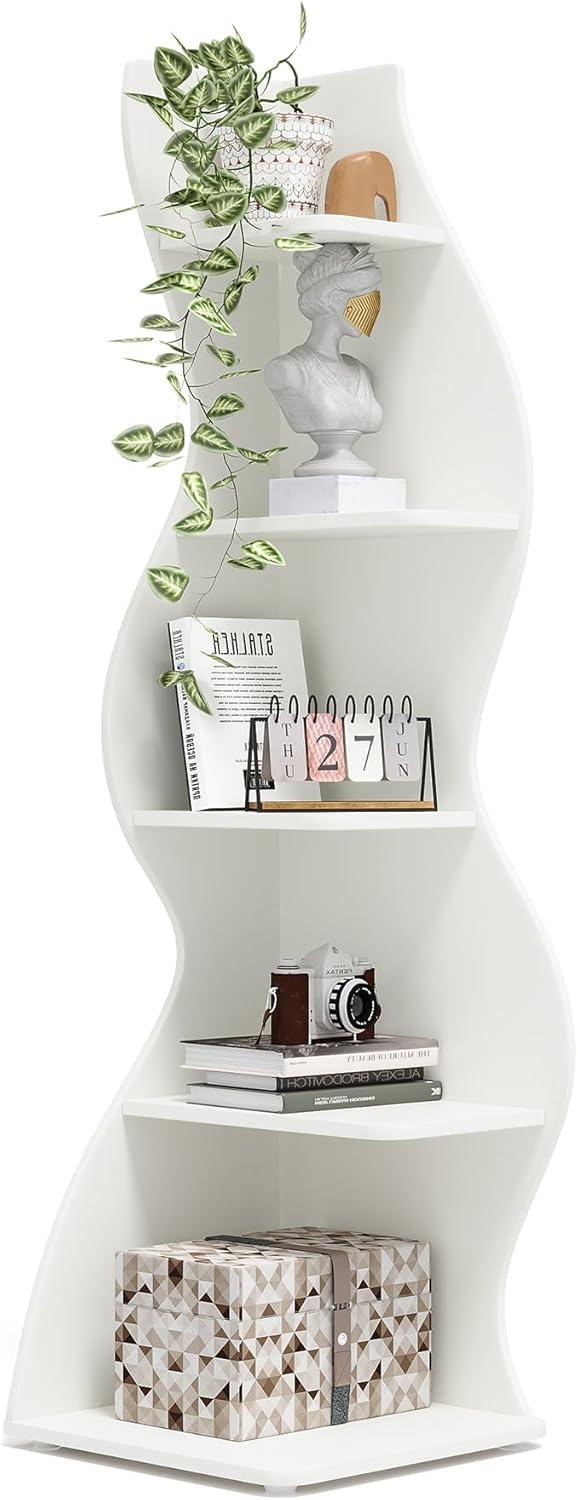 Tribesigns Corner Shelf, Modern 5-Tier Wall Corner Bookshelf, Stylish Corner Small Bookcase Storage Rack Plant Stand with Unique Shape for Living Room, Home Office (White, 1PC) - Image 2