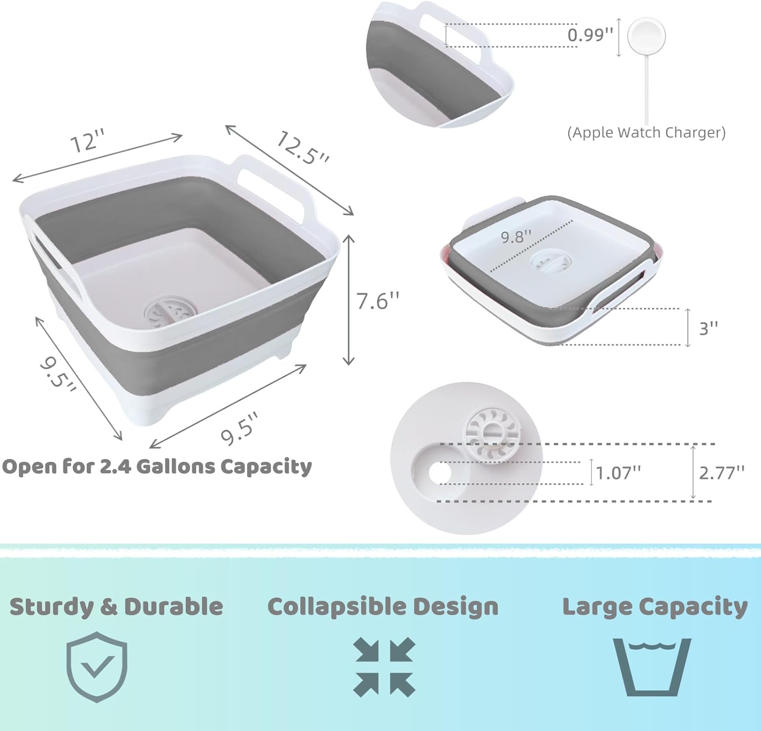 Collapsible Wash Basin for Baby Bottles - 2.4 Gallons Portable Wash Bin for RV Camping Sink, Space-Saving Dish Tub (Gray) - Image 3