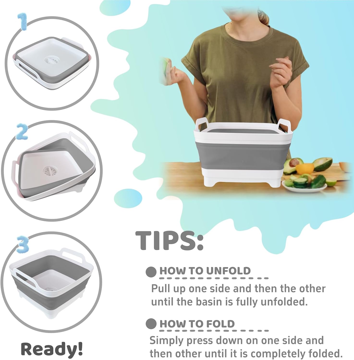 Collapsible Wash Basin for Baby Bottles - 2.4 Gallons Portable Wash Bin for RV Camping Sink, Space-Saving Dish Tub (Gray) - Image 5