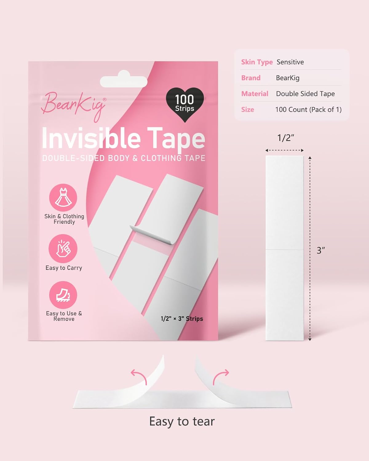 100-Strips Double-Sided Tape for Fashion, Tape for Clothes, Fabric Tape for Women Clothing and Body, All Day Strength Tape, Invisible and Clear Tape for Sensitive Skins - Image 3