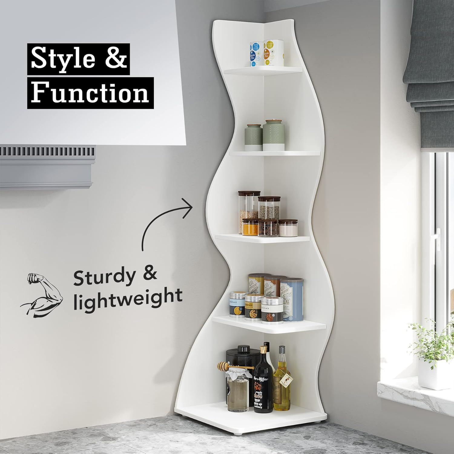 Tribesigns Corner Shelf, Modern 5-Tier Wall Corner Bookshelf, Stylish Corner Small Bookcase Storage Rack Plant Stand with Unique Shape for Living Room, Home Office (White, 1PC) - Image 8