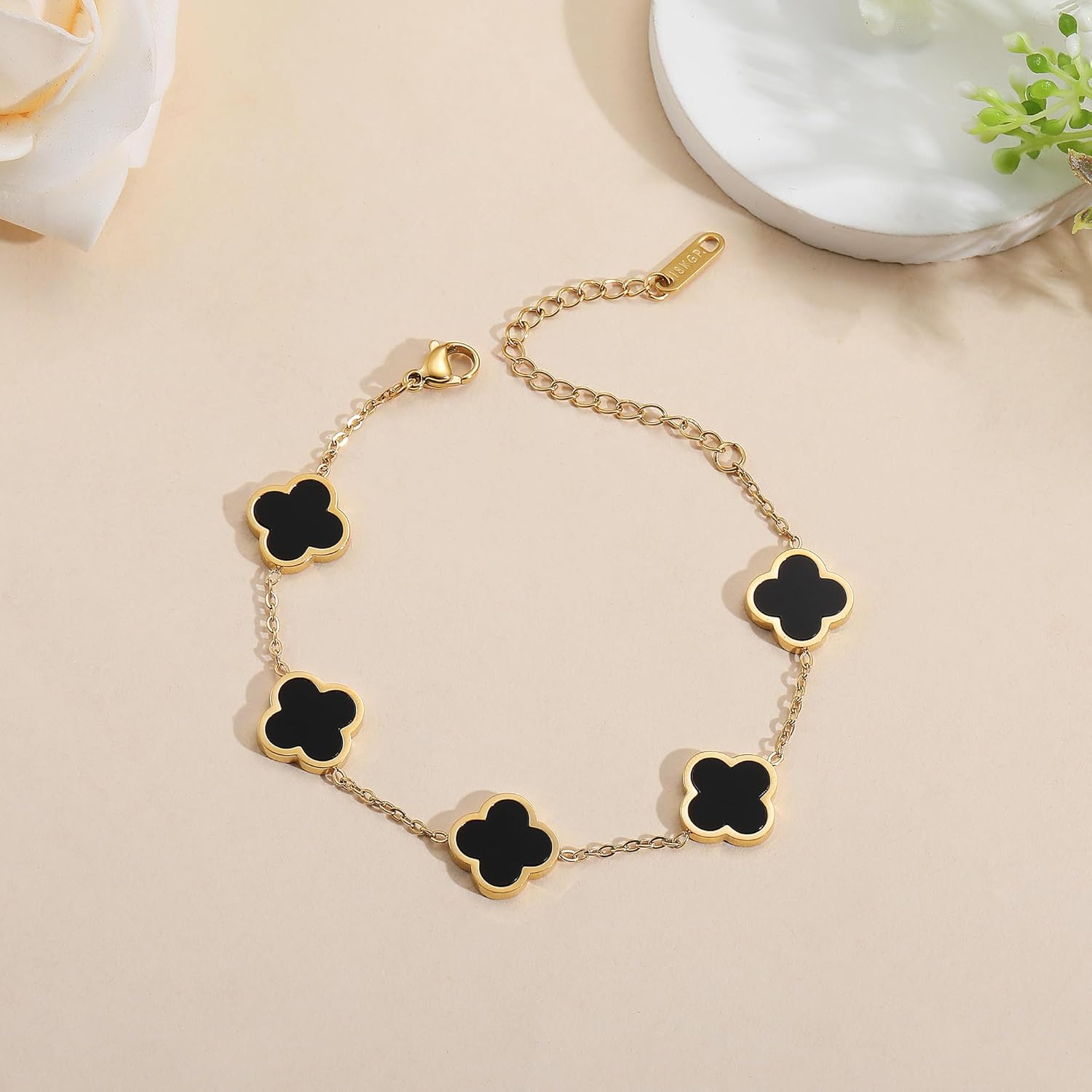 18K Gold Plated Clover Lucky Bracelet for Women White/Black/Red/Green Flower Four Leaf Link Bracelets Trendy Jewelry Gifts for Women - Image 6