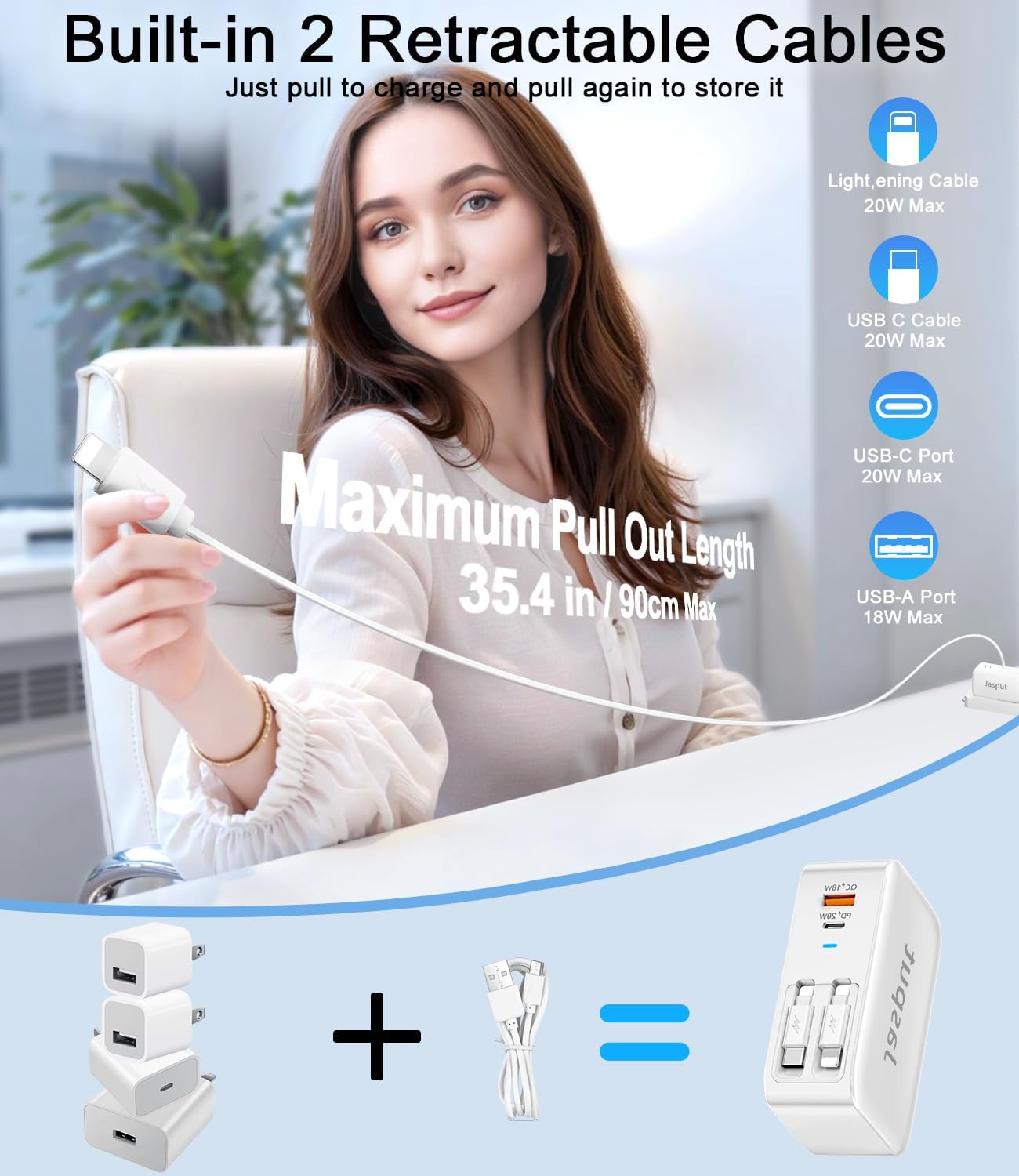 4 in 1 Retractable Wall Charger with Dual Cables,40W Retractable Phone Charger Wall Plug with Dual USB Ports,20W USB C Chargers Block Fast Charging for iPhone 17 16 15 14 13,LG, Galaxy S24 23,Pixel - Image 3