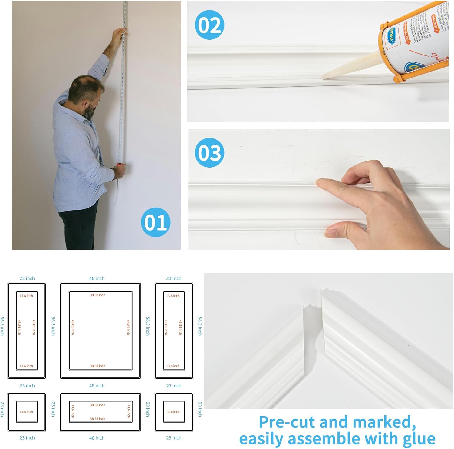 Art3d Premade Bilinear Frame Accent Molding Set, Pre-Cut Decorative Wainscoting Panel for Home Décor, Ready-to-Assemble Glue-On Wall Trim for Living Room Bedroom Corridor, 6 Separate Bilinear Frame - Image 7