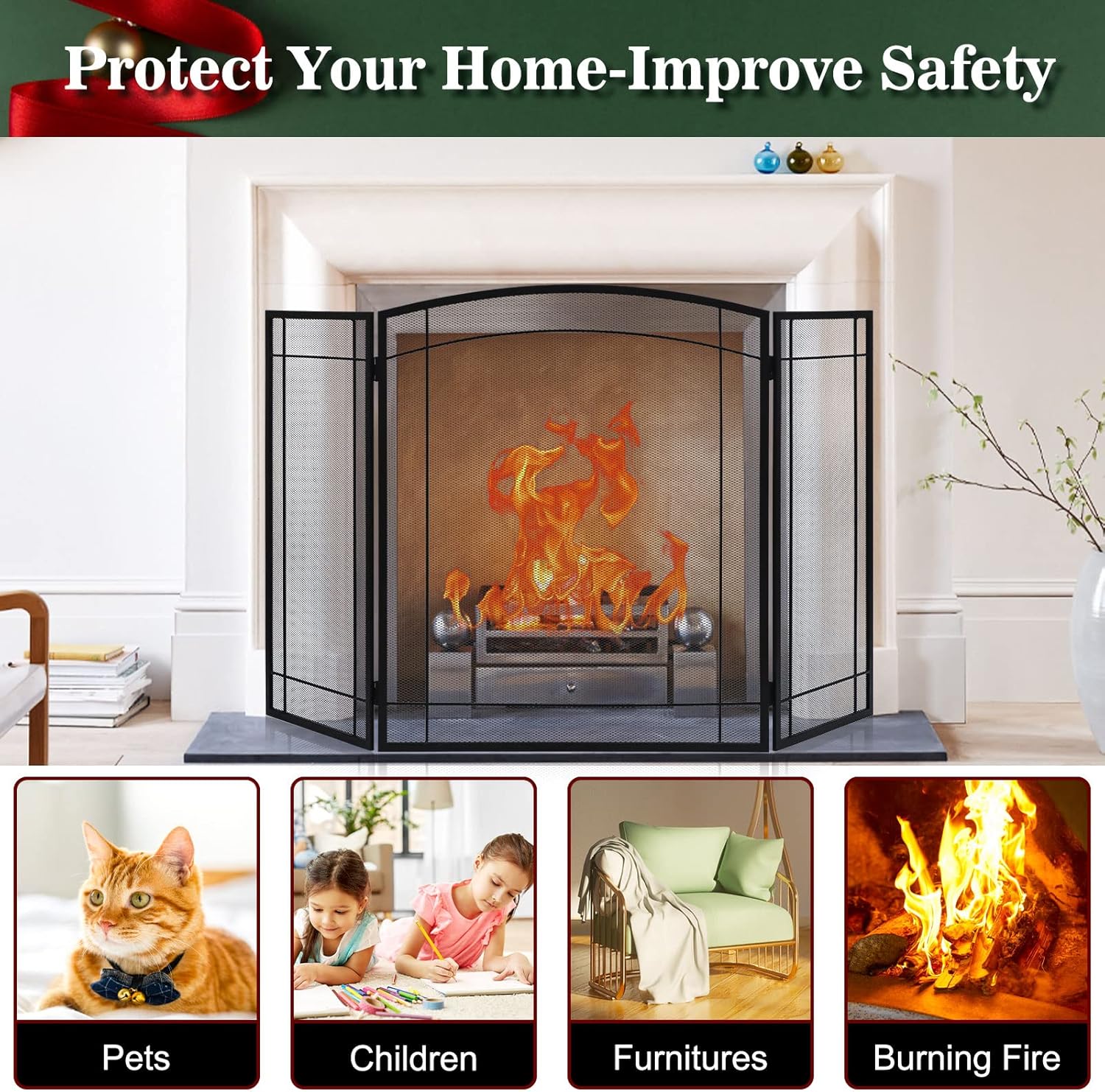 FEED GARDEN 3 Panel Fireplace Screen 48" W x 29" H Modern Foldable with Wrought Metal Decorative Mesh,Arch Heavy Duty Fire Spark Guard Cover for Home Decor Indoor, Black - Image 4