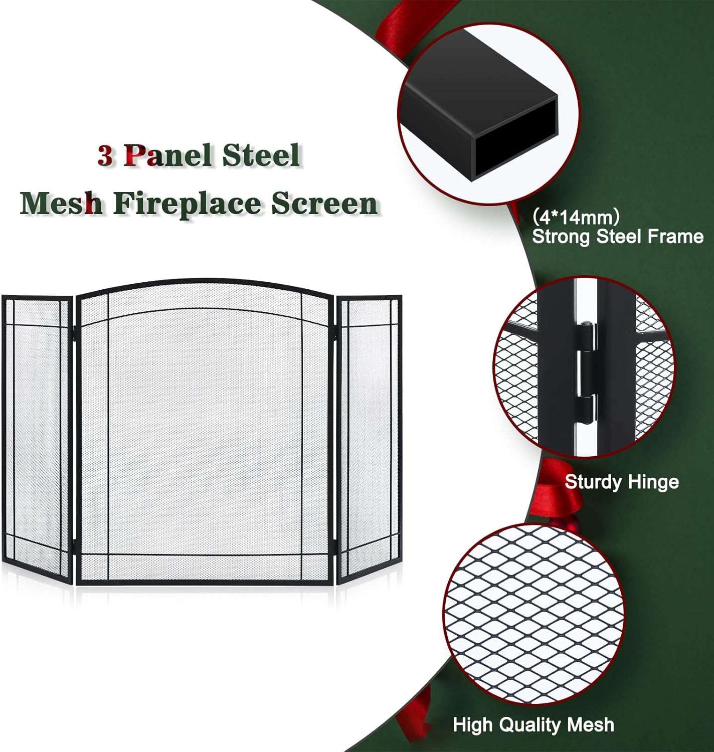 FEED GARDEN 3 Panel Fireplace Screen 48" W x 29" H Modern Foldable with Wrought Metal Decorative Mesh,Arch Heavy Duty Fire Spark Guard Cover for Home Decor Indoor, Black - Image 5