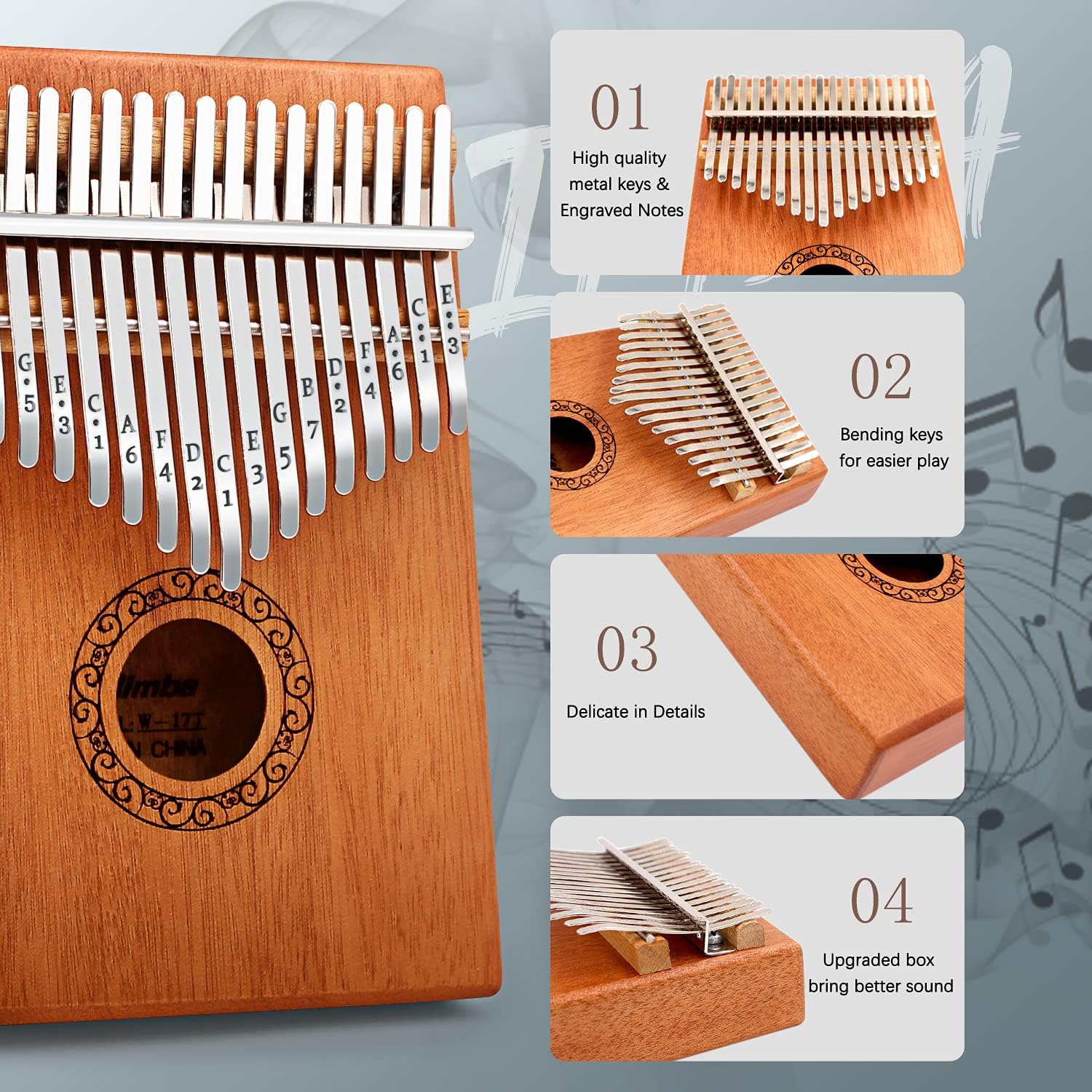 Kalimba Thumb Piano,YUNDIE Portable 17 Keys Mbira Finger Piano with Tune Hammer and Study Instruction,Musical Instruments Birthday Gift for Adult Beginners Professional(Brown) - Image 3