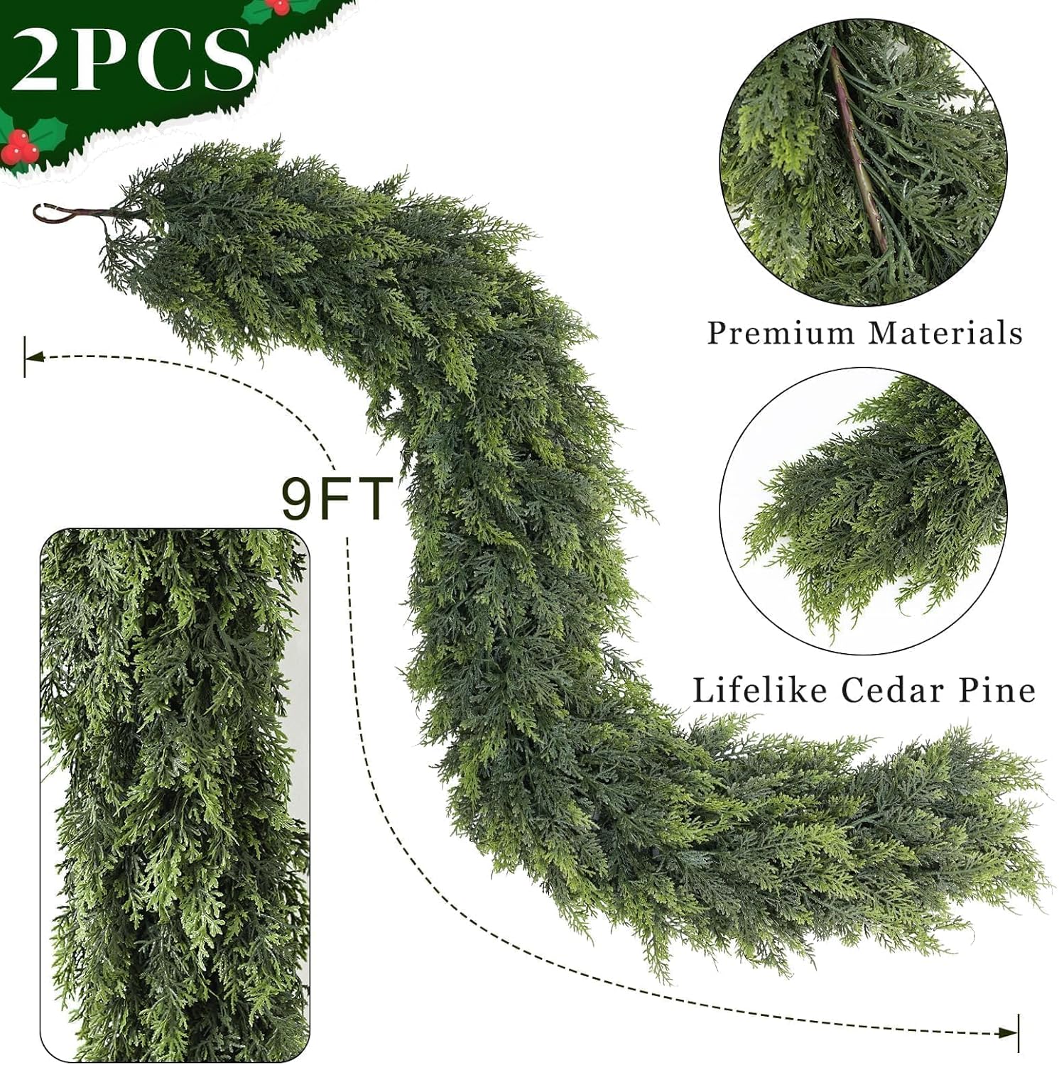 9FT Cedar Garland for Fireplace - Artificial Christmas Garland Thick and Lush Realistic Faux Cedar Fake Pine Needles Garland for Table,Window,Stairs,Mante,Indoor Outdoor Decor (2PCS) - Image 6
