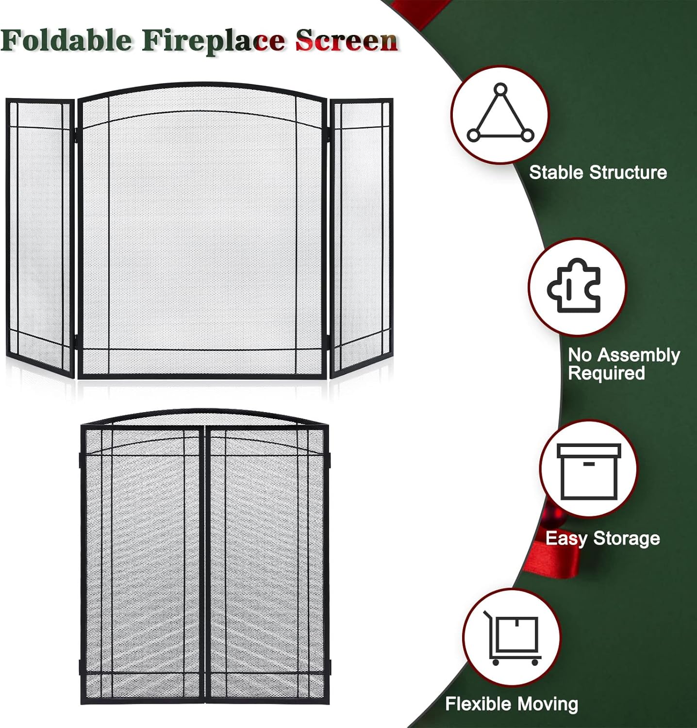 FEED GARDEN 3 Panel Fireplace Screen 48" W x 29" H Modern Foldable with Wrought Metal Decorative Mesh,Arch Heavy Duty Fire Spark Guard Cover for Home Decor Indoor, Black - Image 7