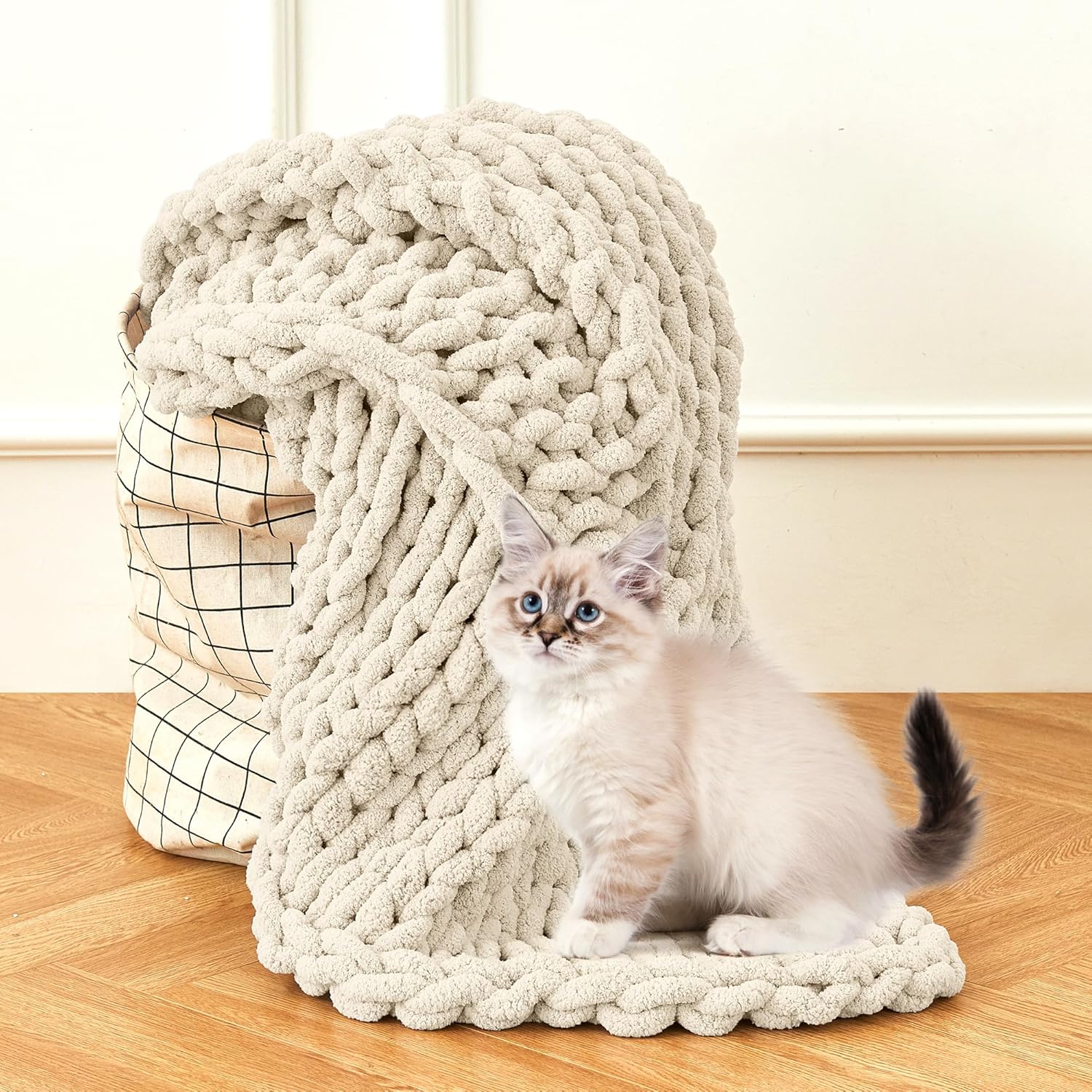 Admitrack Chunky Knit Blanket Throw 51"x63", 100% Hand Knit Chenille Throw Blanket for Sofa & Home Decor, Soft and Cozy Knitted Throw Blankets (Ivory,51"x63") - Image 7