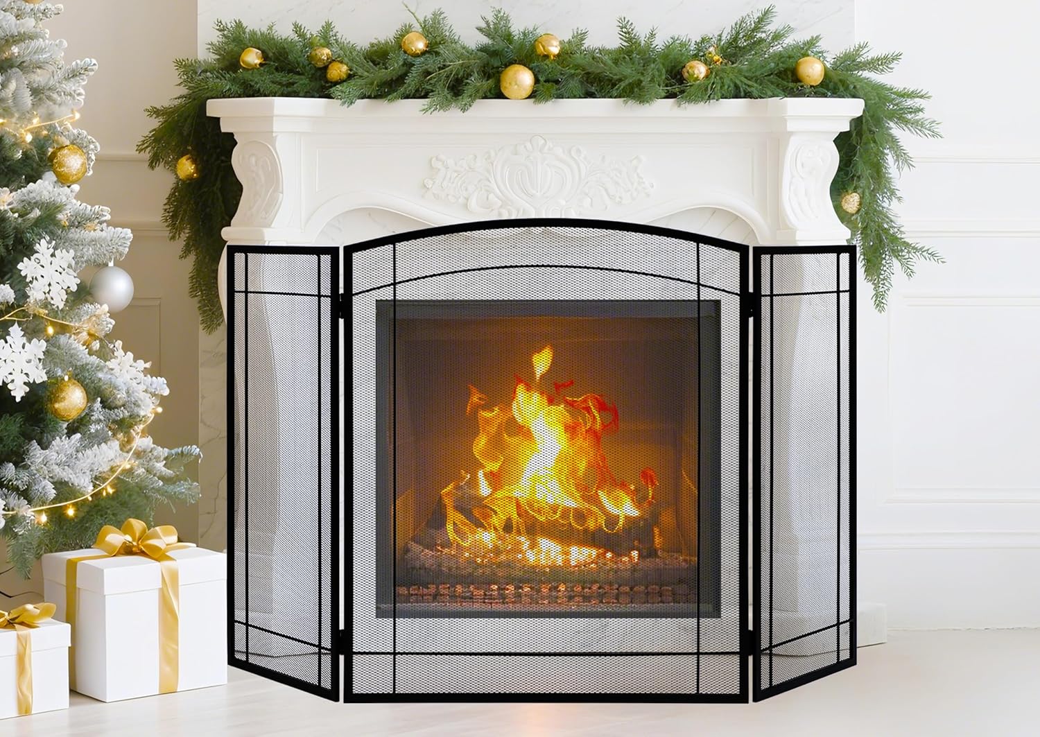 FEED GARDEN 3 Panel Fireplace Screen 48" W x 29" H Modern Foldable with Wrought Metal Decorative Mesh,Arch Heavy Duty Fire Spark Guard Cover for Home Decor Indoor, Black - Image 3