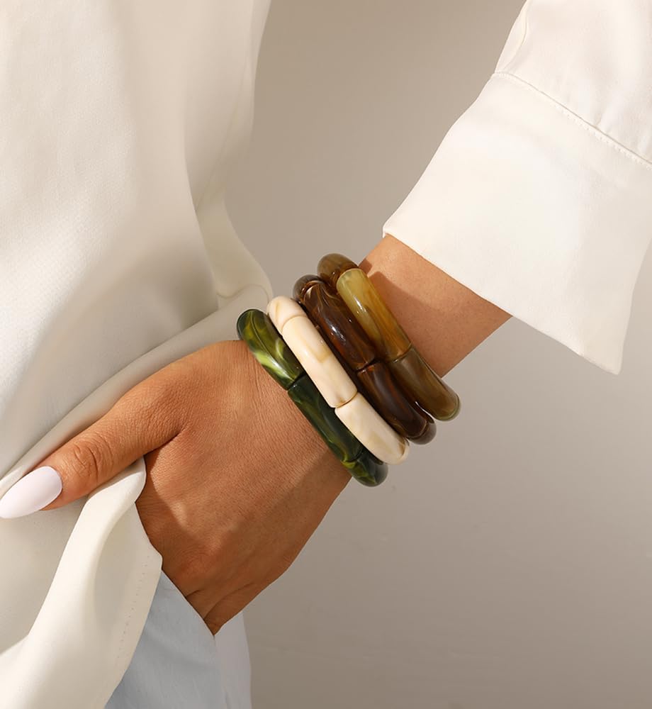 iF YOU 6pcs Chunky Acrylic Bangle Bracelets for Women, Resin Bamboo Brown Stretchy Bracelet Stack, Fashion Jewelry for Women - Image 6