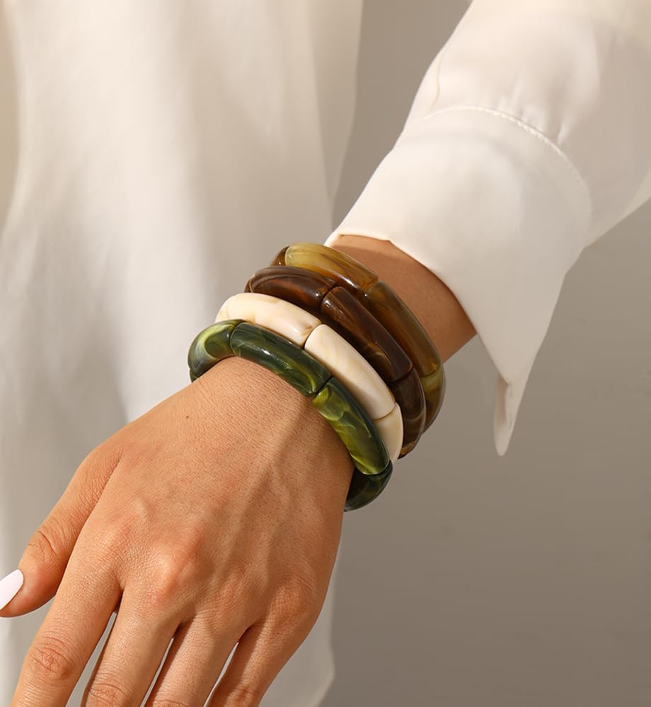 iF YOU 6pcs Chunky Acrylic Bangle Bracelets for Women, Resin Bamboo Brown Stretchy Bracelet Stack, Fashion Jewelry for Women - Image 5