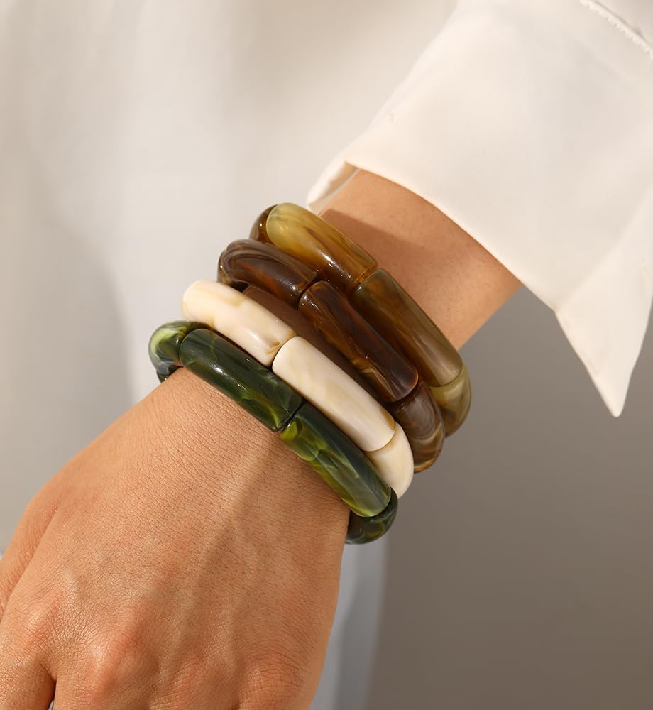 iF YOU 6pcs Chunky Acrylic Bangle Bracelets for Women, Resin Bamboo Brown Stretchy Bracelet Stack, Fashion Jewelry for Women - Image 4