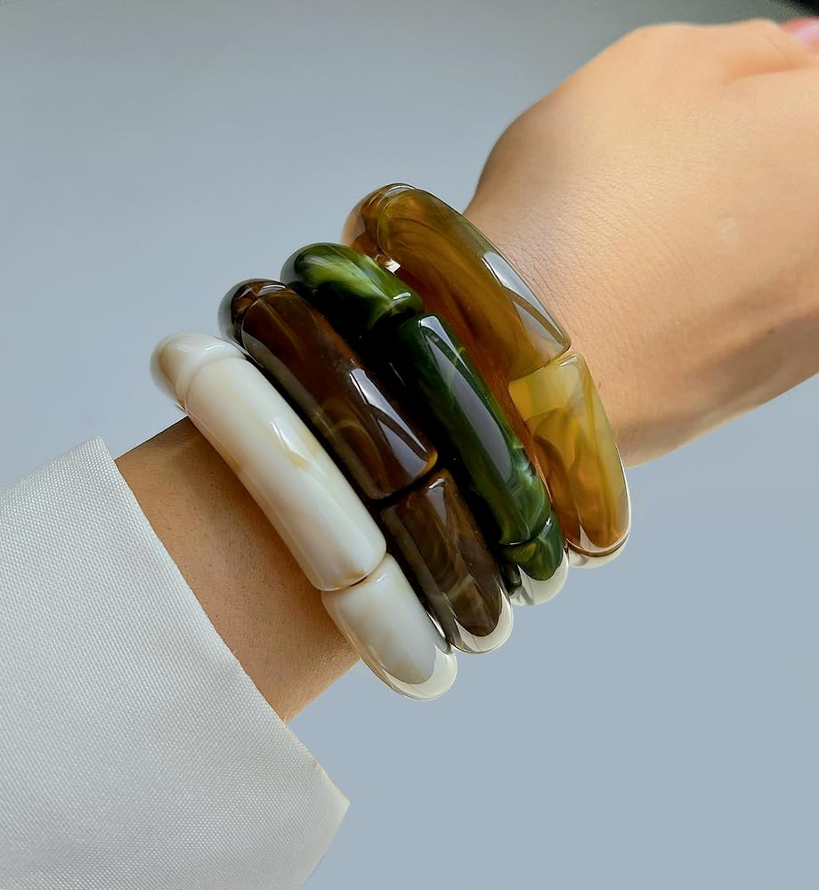 iF YOU 6pcs Chunky Acrylic Bangle Bracelets for Women, Resin Bamboo Brown Stretchy Bracelet Stack, Fashion Jewelry for Women - Image 7