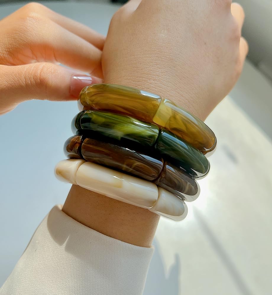 iF YOU 6pcs Chunky Acrylic Bangle Bracelets for Women, Resin Bamboo Brown Stretchy Bracelet Stack, Fashion Jewelry for Women - Image 8