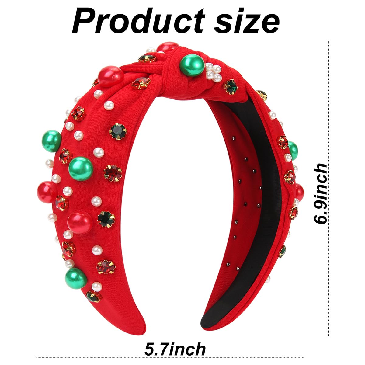 2Pcs Christmas Headbands for Women - Red Green Pearl Rhinestone Crystal Jeweled Christmas Headband - Womens Headbands Fashion Elegant Wide Top Knot for Women Holiday Clothes Accessories(Red Green) - Image 8