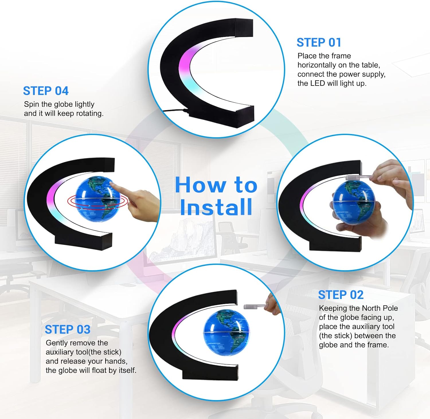 Flagest Magnetic Levitation Floating Globe, Levitating C Shape Globe with LED Lights for Education Home Office Desk Bookshelf Decor, Holiday Anniversary Creative Gift(3.3 Inches) - Image 4