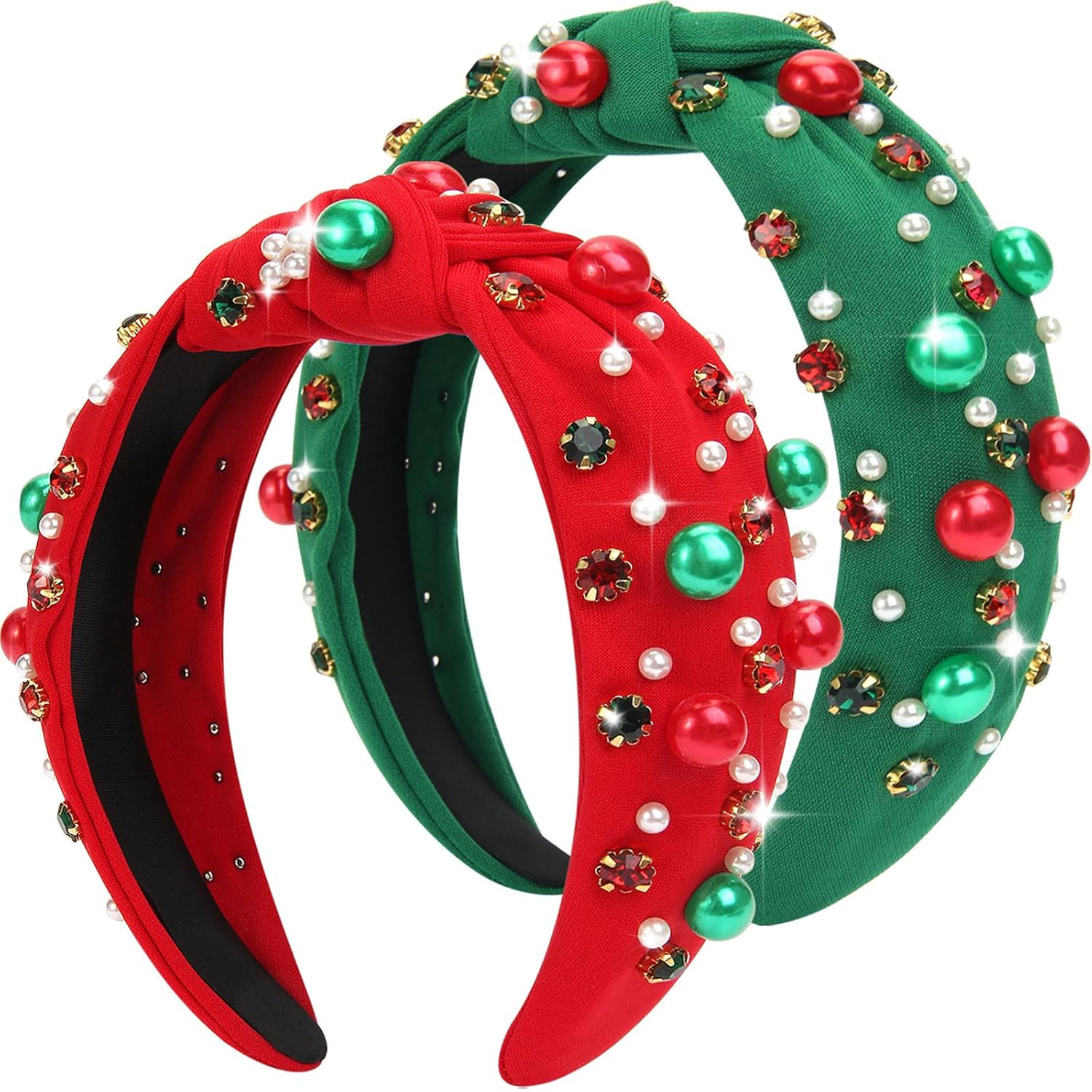 2Pcs Christmas Headbands for Women - Red Green Pearl Rhinestone Crystal Jeweled Christmas Headband - Womens Headbands Fashion Elegant Wide Top Knot for Women Holiday Clothes Accessories(Red Green) - Image 2