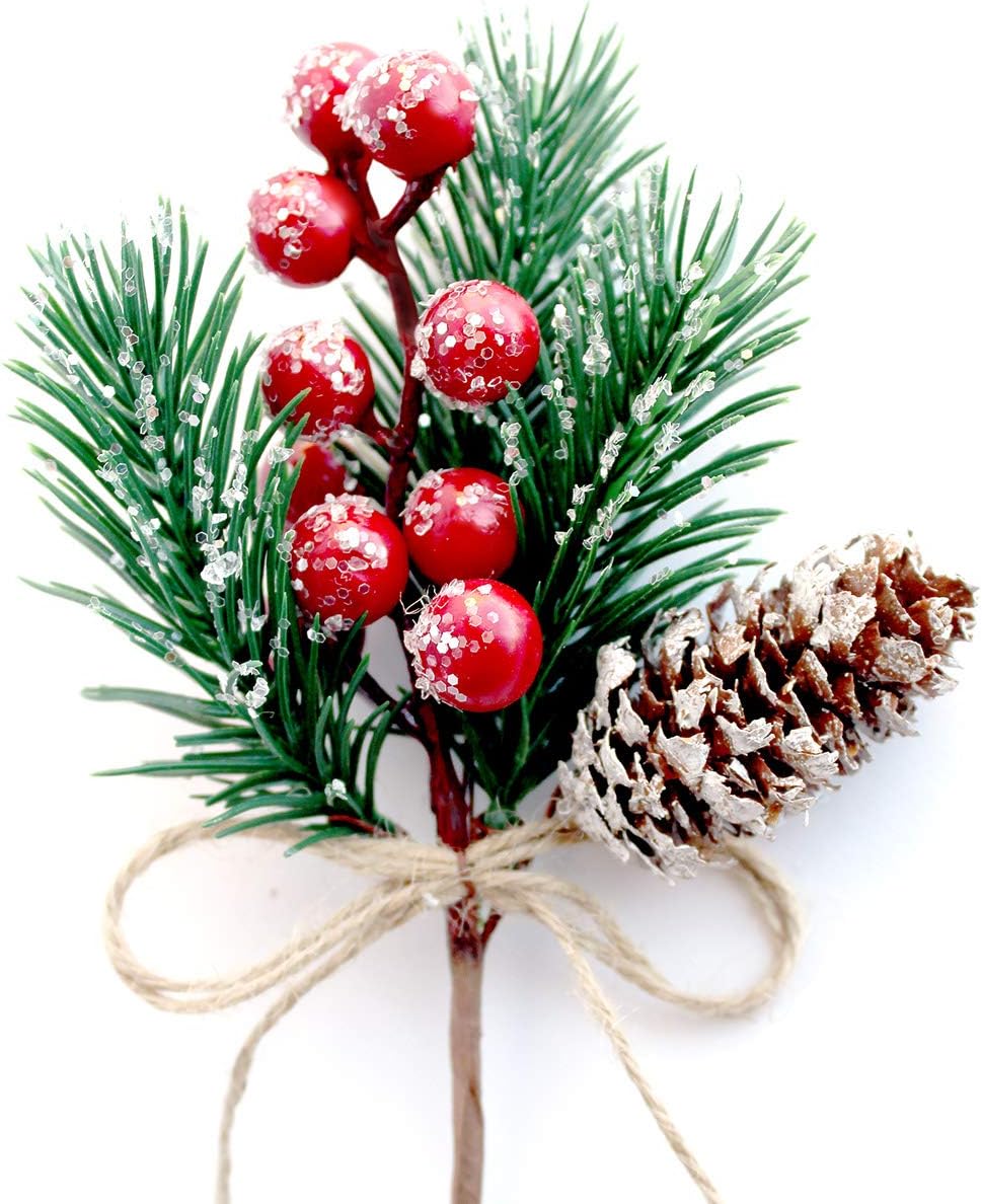 Red Berry Stems Pine Branches Evergreen Berries Décor 8 PCS Artificial Pine Cones Branch for Christmas Craft Wreath Pick & Winter Holiday Floral Picks Holly Stem for Decoration DIY Xmas Crafts - Image 3