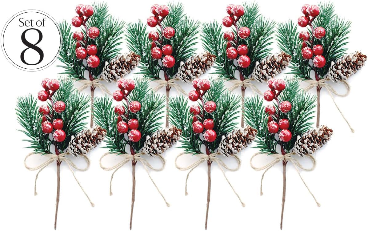 Red Berry Stems Pine Branches Evergreen Berries Décor 8 PCS Artificial Pine Cones Branch for Christmas Craft Wreath Pick & Winter Holiday Floral Picks Holly Stem for Decoration DIY Xmas Crafts - Image 5