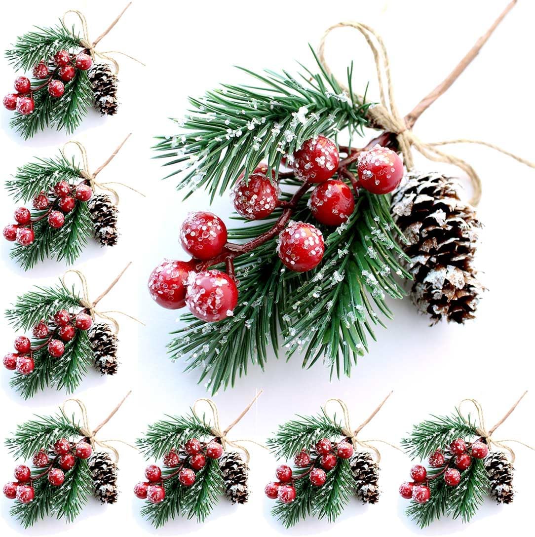 Red Berry Stems Pine Branches Evergreen Berries Décor 8 PCS Artificial Pine Cones Branch for Christmas Craft Wreath Pick & Winter Holiday Floral Picks Holly Stem for Decoration DIY Xmas Crafts - Image 2