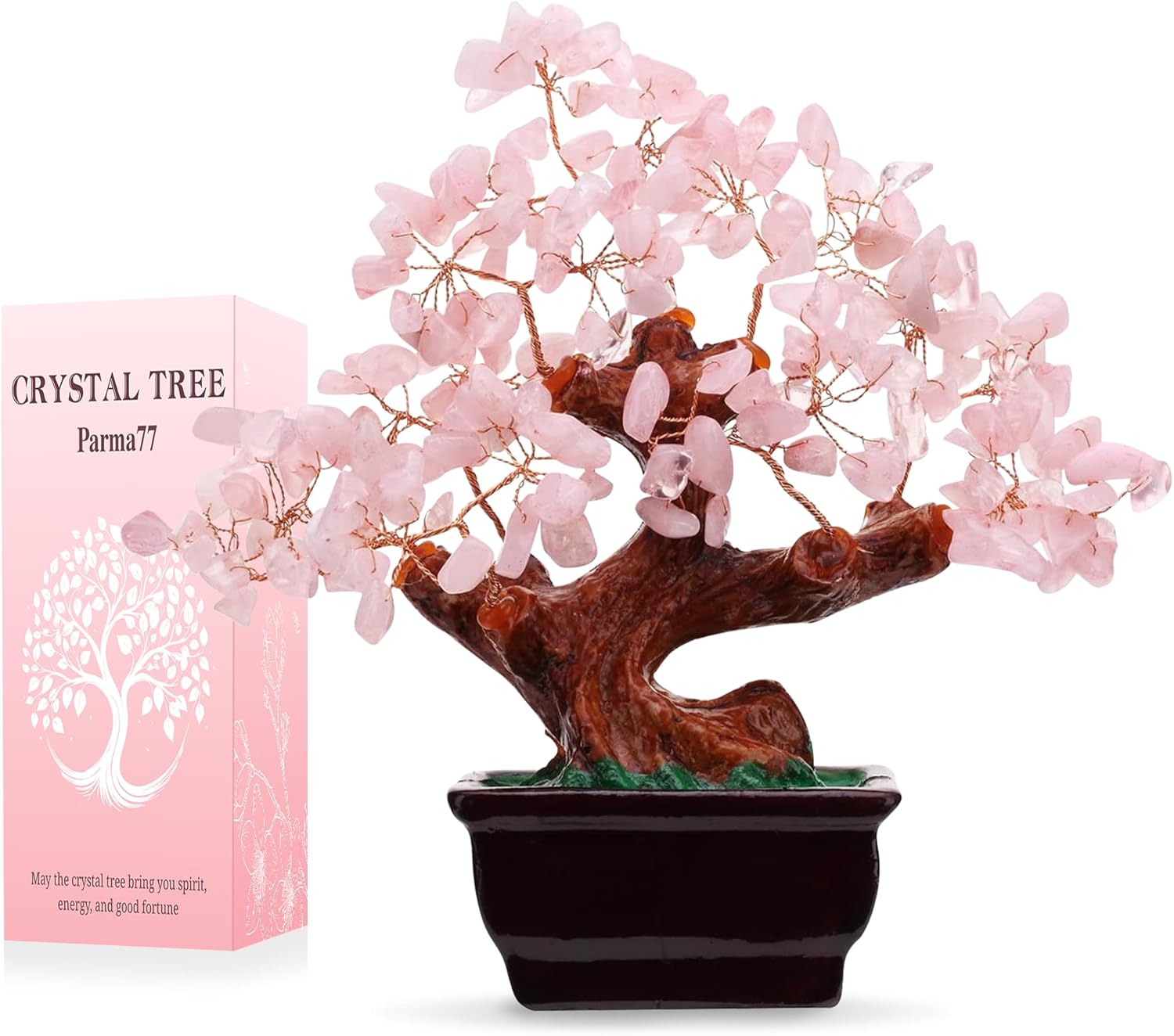 Parma77 Feng Shui Natural Rose Pink Quartz Crystal Money Tree, Healing Crystal Trees Bonsai Style Decoration for Wealth and Luck for Home Decor, Gifts for Women - Image 2