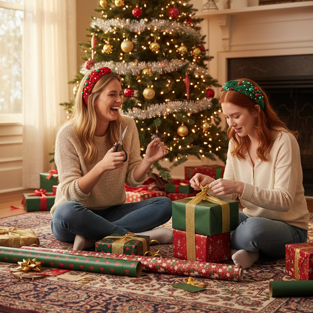 2Pcs Christmas Headbands for Women - Red Green Pearl Rhinestone Crystal Jeweled Christmas Headband - Womens Headbands Fashion Elegant Wide Top Knot for Women Holiday Clothes Accessories(Red Green) - Image 5