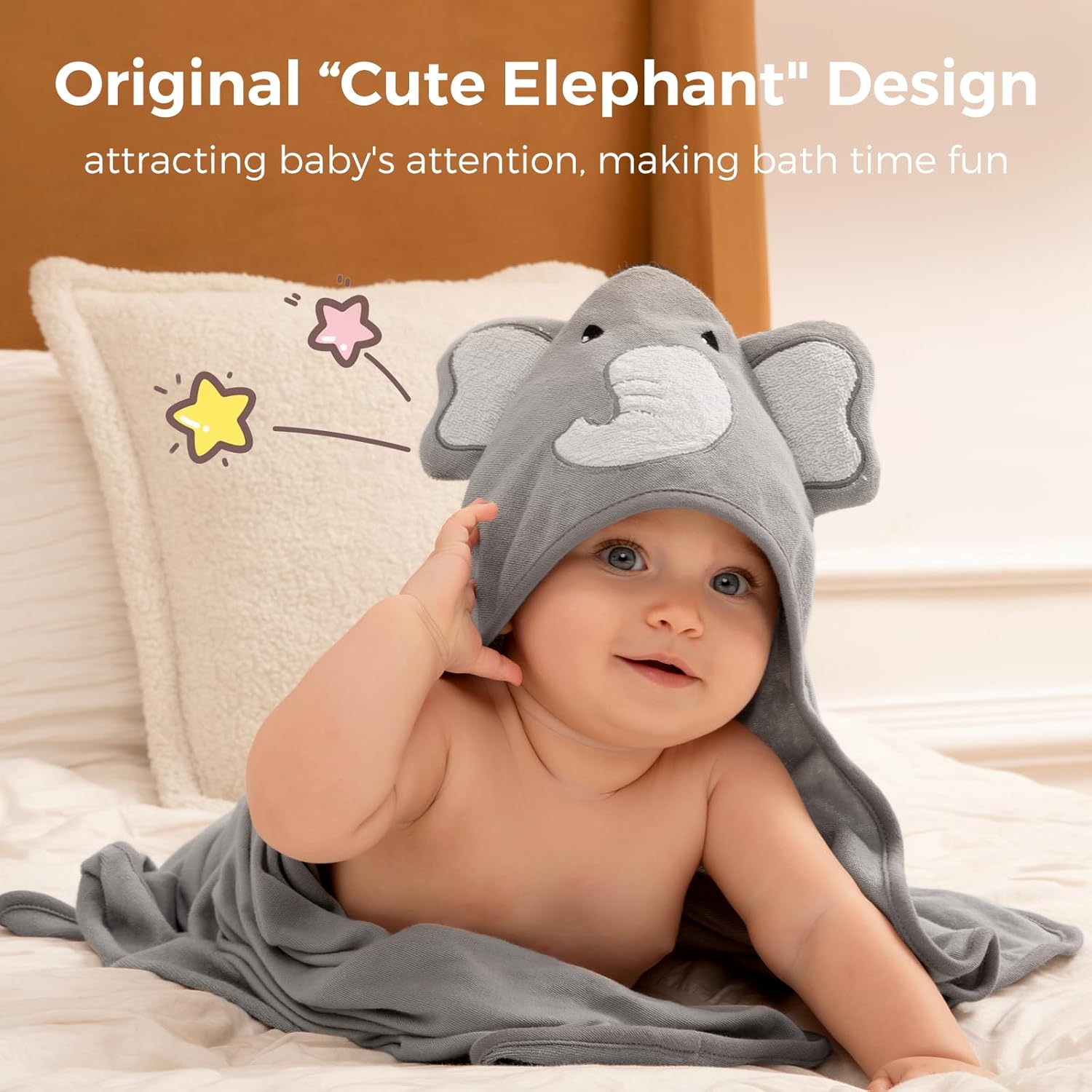 Momcozy Cute Elephant Hooded Baby Towel- 8 Piece Bath Essential, 2 x Towels and 6 x Wash Cloth Set- Perfect Shower Gift for Boys or Girls - Soft and Comfort for Newborn, Infant and Toddler - Image 3