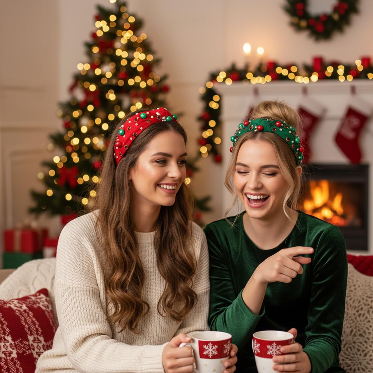 2Pcs Christmas Headbands for Women - Red Green Pearl Rhinestone Crystal Jeweled Christmas Headband - Womens Headbands Fashion Elegant Wide Top Knot for Women Holiday Clothes Accessories(Red Green) - Image 3