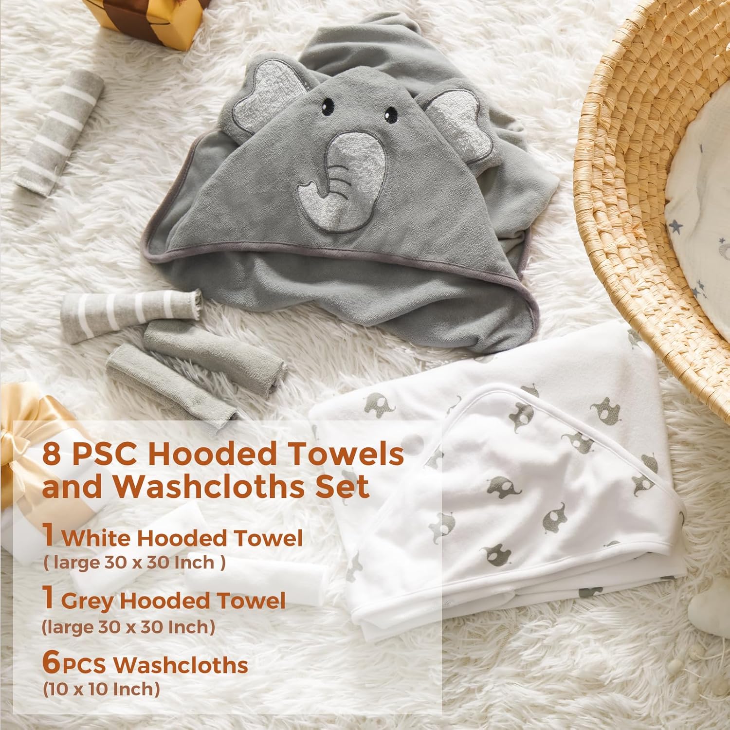 Momcozy Cute Elephant Hooded Baby Towel- 8 Piece Bath Essential, 2 x Towels and 6 x Wash Cloth Set- Perfect Shower Gift for Boys or Girls - Soft and Comfort for Newborn, Infant and Toddler - Image 6