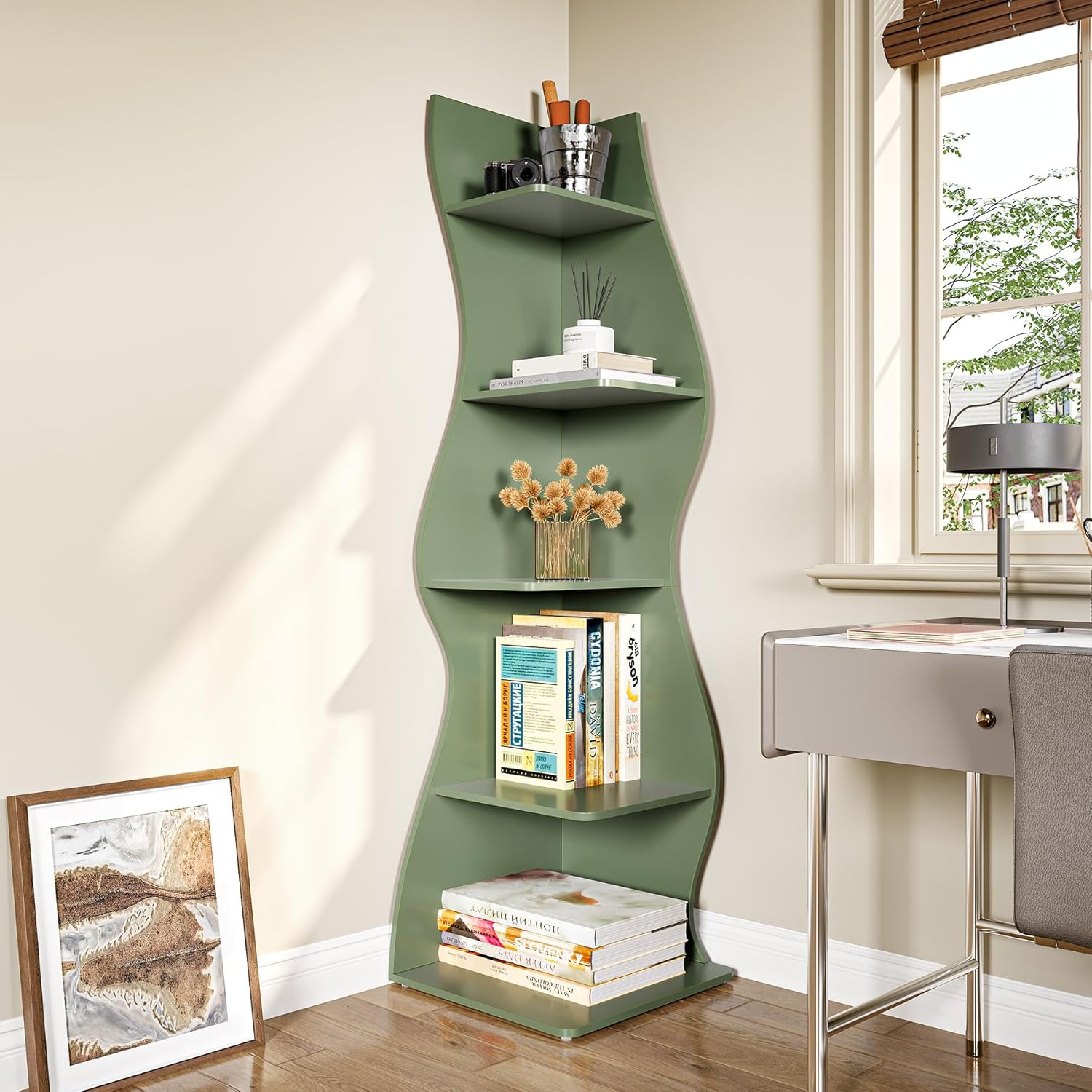 LITTLE TREE Small Corner Shelf, Modern 5-Tier Wall Corner Bookshelf, Stylish Bookcase Storage Rack for Small Space, Living Room, Bedroom - Image 5