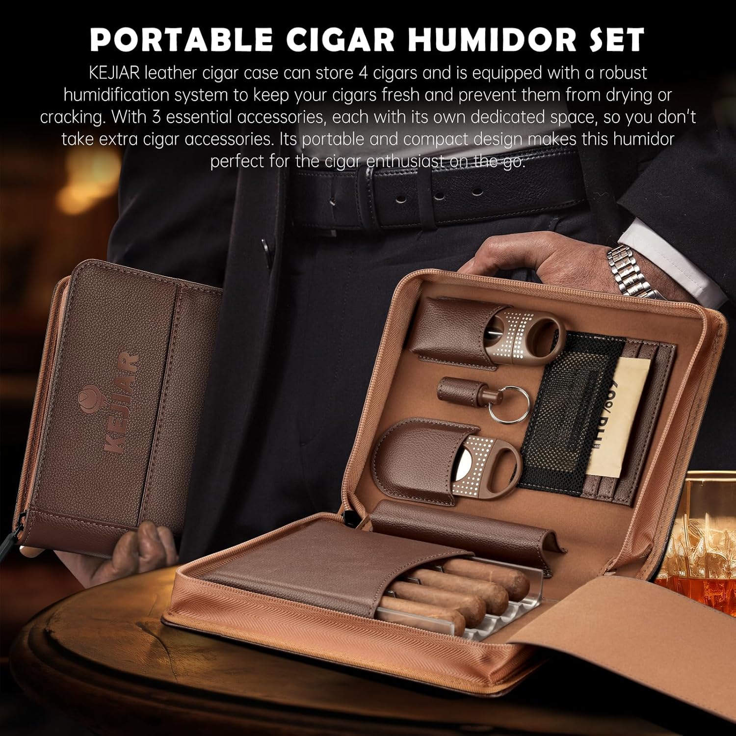 Cigar Humidor Case, Portable Cigar Box with Straight Cutter, V Cutter, Hole Puncher, Humidifier Packs, Travel Humidor and Cigar Accessories Gift Set Leather Cigar Case (Brown) - Image 8